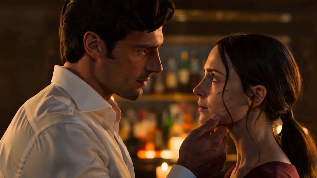 Two figures close together at a candlelit bar, the opening frame of Alpha's Deal
