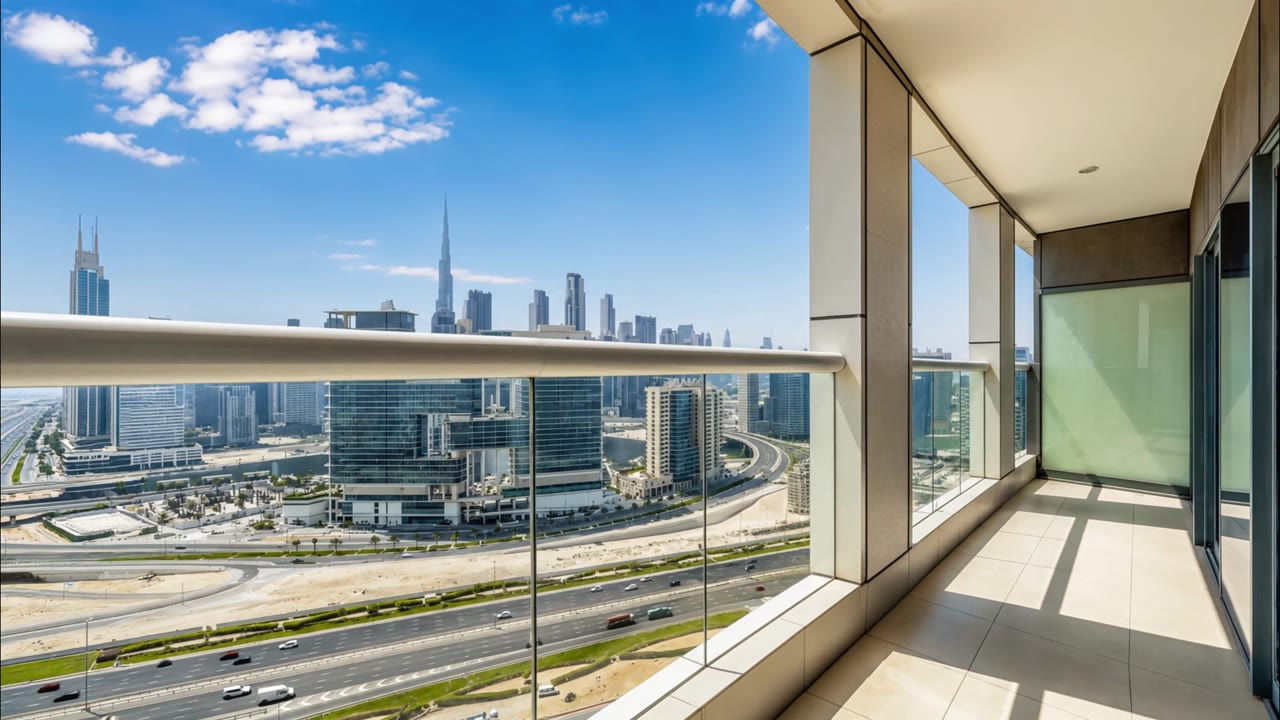 A balcony high above Dubai facing the skyline, from The Residence